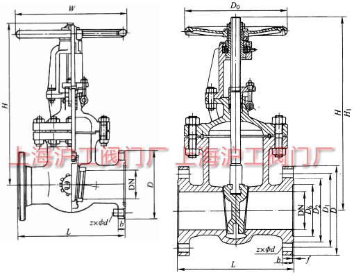 Z41H、Z41Y、Z41W 型 PN16~PN200 鋼制楔式閘閥外形及結構尺寸示意圖